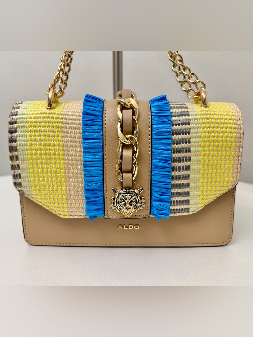 ALDO Women's Tan Raffia Fringe Shoulder Bag with Blue and Yellow Accents